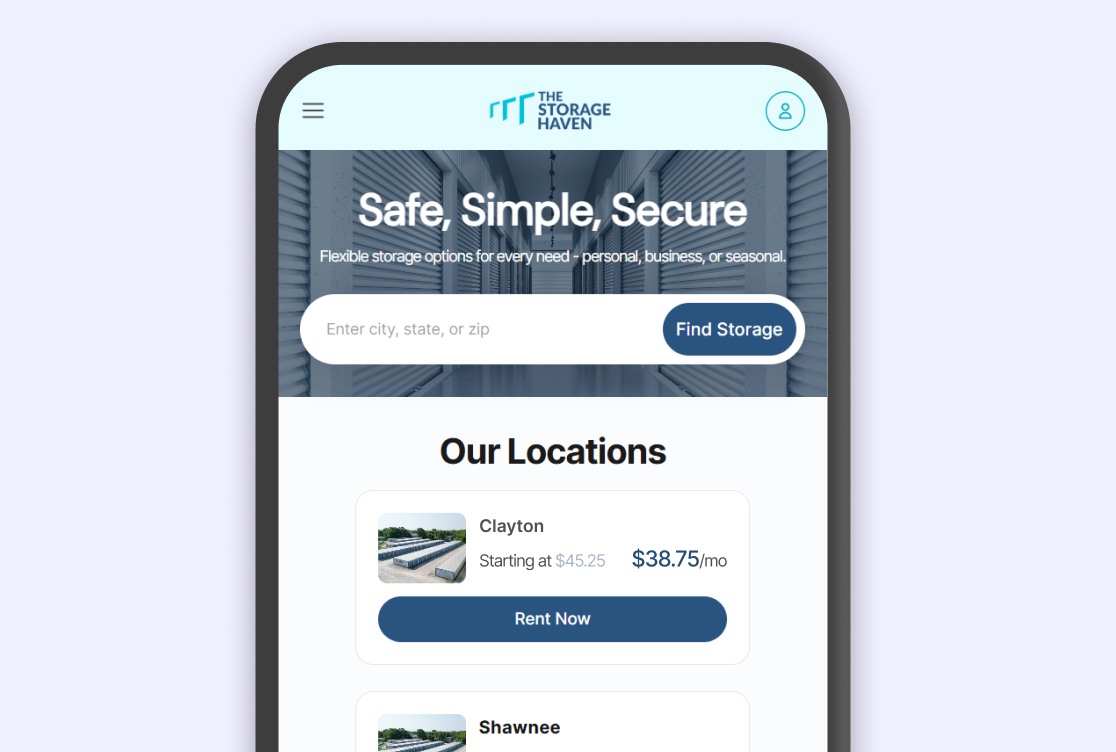 A mobile-friendly website interface for a storage company