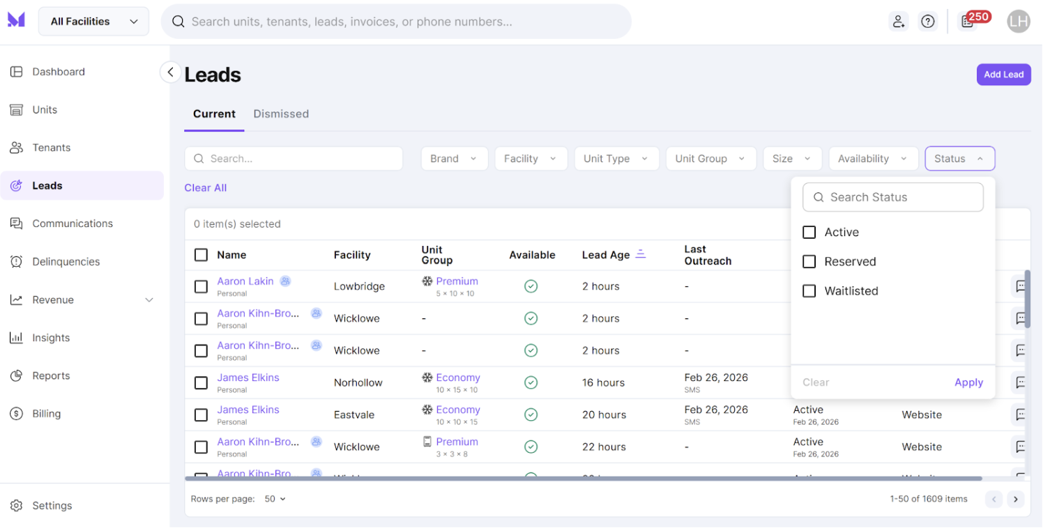 monument self storage leads dashboard
